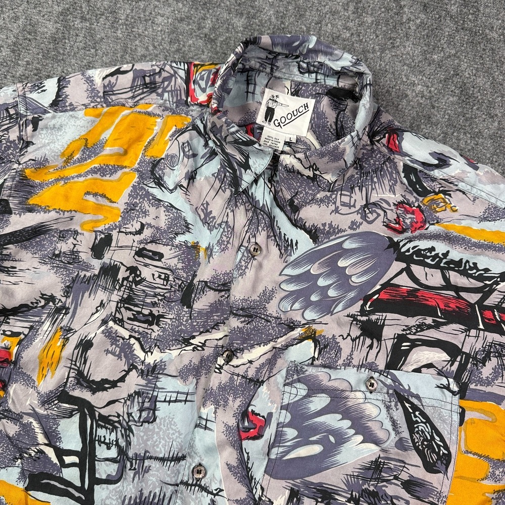 Vintage GOOUCH Mens Shirt Size L 100% Silk Abstract Art Print Short Sleeve 90s